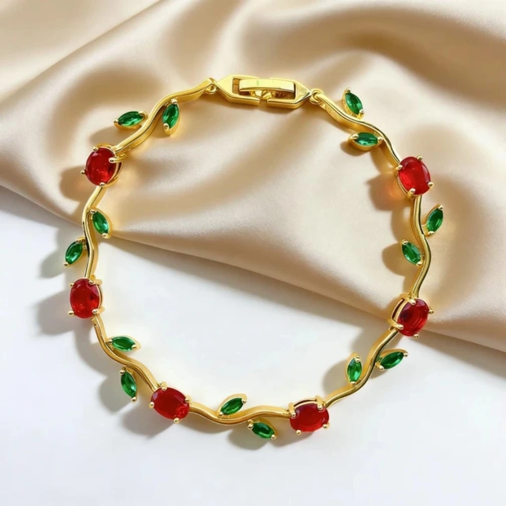 Red tulip bracelet with green leaves