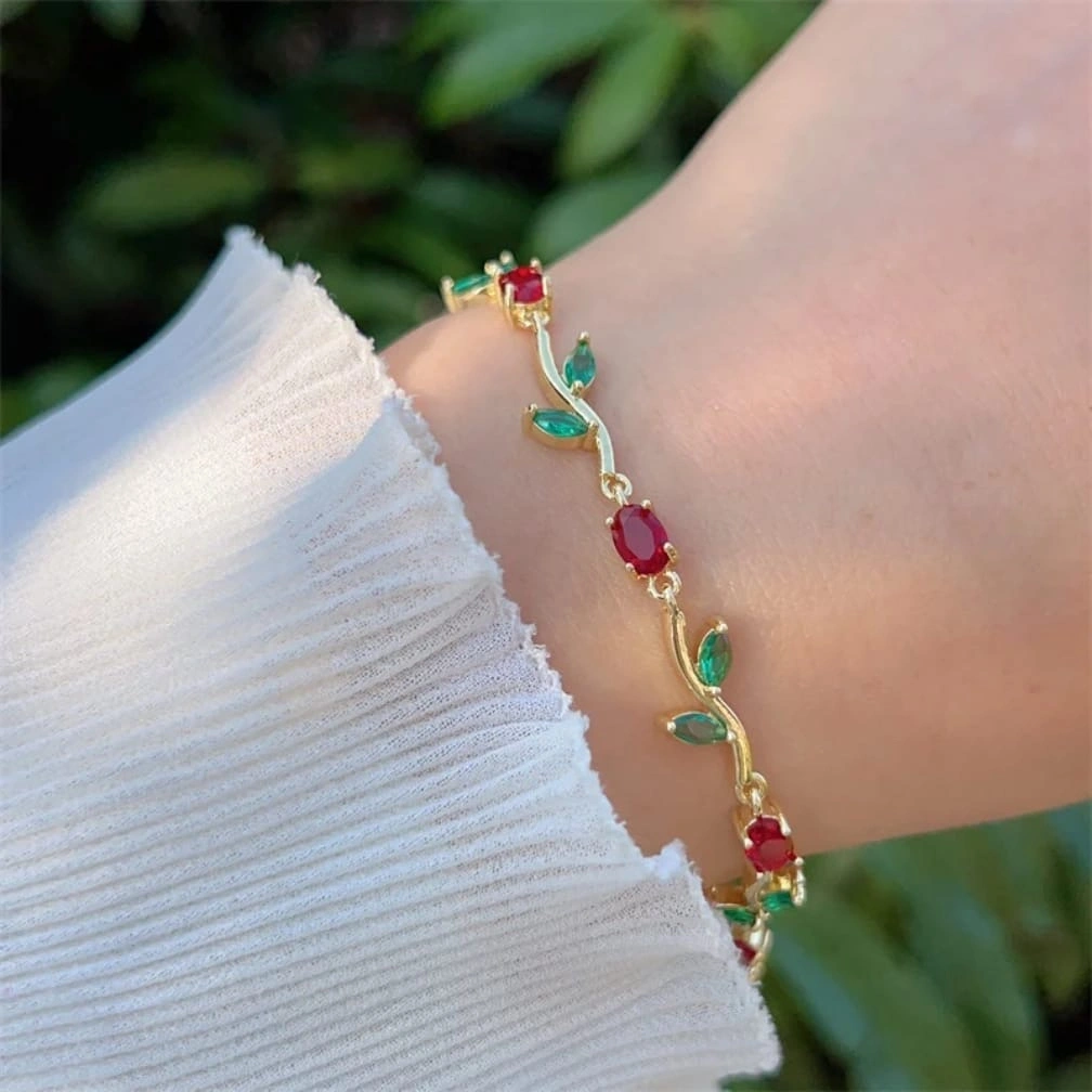 Red tulip bracelet with green leaves, photo 2 of 2